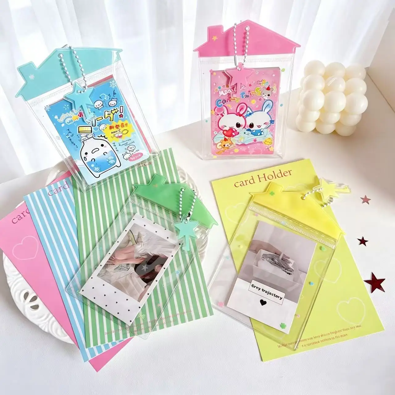 Cartoon Little House Card Holder Transparent PVC Badge Photocard Dustproof Display Pendant Plush Toy Storage Doll Bag