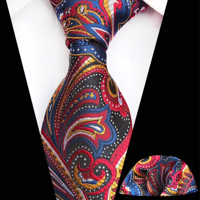 High Quality Red 8CM Paisley Tie Pocket Square Set for Office Business Wedding Fashion Necktie Handkerchief 2-piece Set