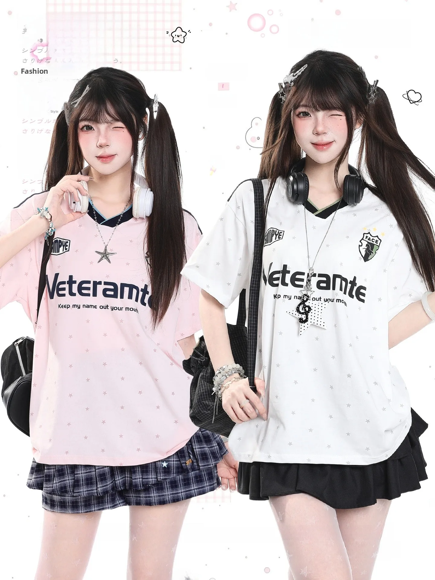 Retro American Star Print V-Neck Short Sleeve T-Shirt Women's Summer Casual Loose Overhead Top Creative Design Breathable