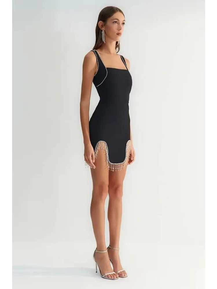 Sexy Mouwloze Slash Hals Diamanten Kwastje Ketting Uitgesneden Bandage Mini Bodycon 2024 Zomer Nieuwe Vrouwen Zwarte Celebrity Feestjurk