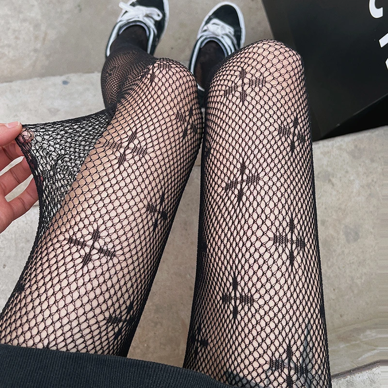 Women Girls Goth Punk Sexy Sweet Clover Fishnet Pantyhose Stockings Harajuku Cross Pattern Tights Large size Mesh Socks Leggings