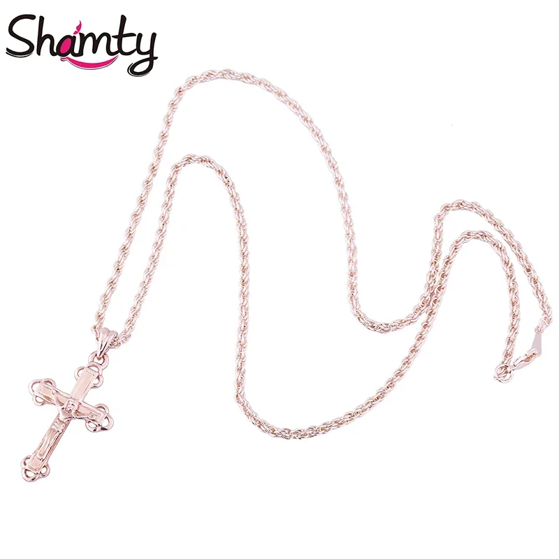 Shamty Classic Design Rose Gold Color Cross Necklace Christianity Jewelry Jesus Of Nazareth Rose Gold Cross Charm Orthodox