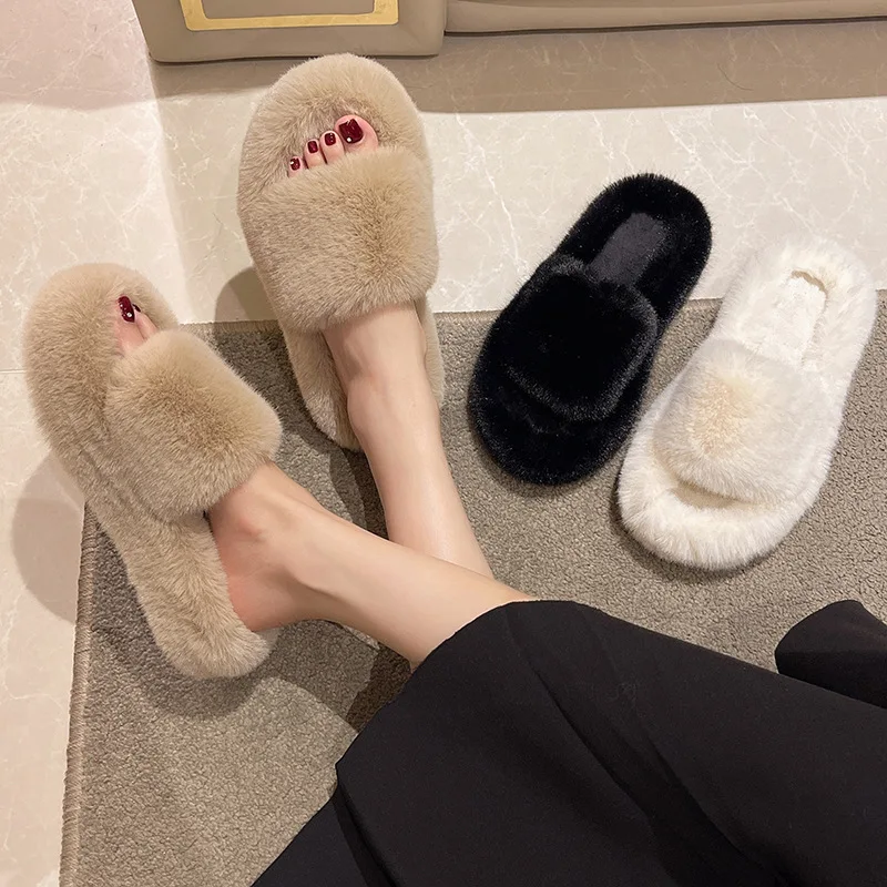 Home Slippers Women\'s Flat Shoes Female Lady Fur Flip Flops Slides 2023 Soft Plush Cotton Indoor Winter Zapato Mujer