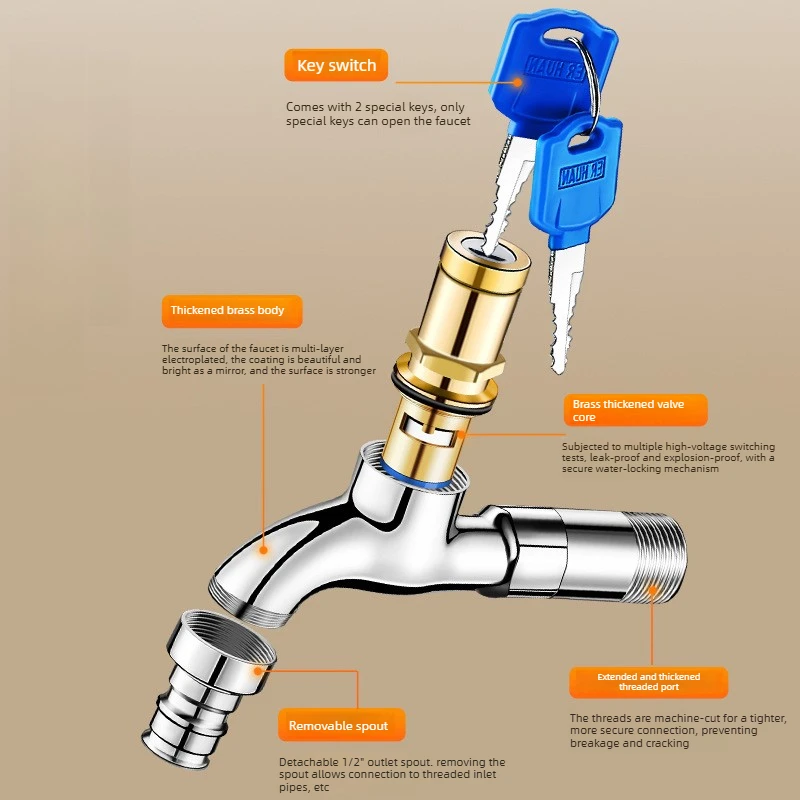 Lockable 4-point outdoor fine copper faucet with anti-theft key and extended quick-opening outdoor water supply switch