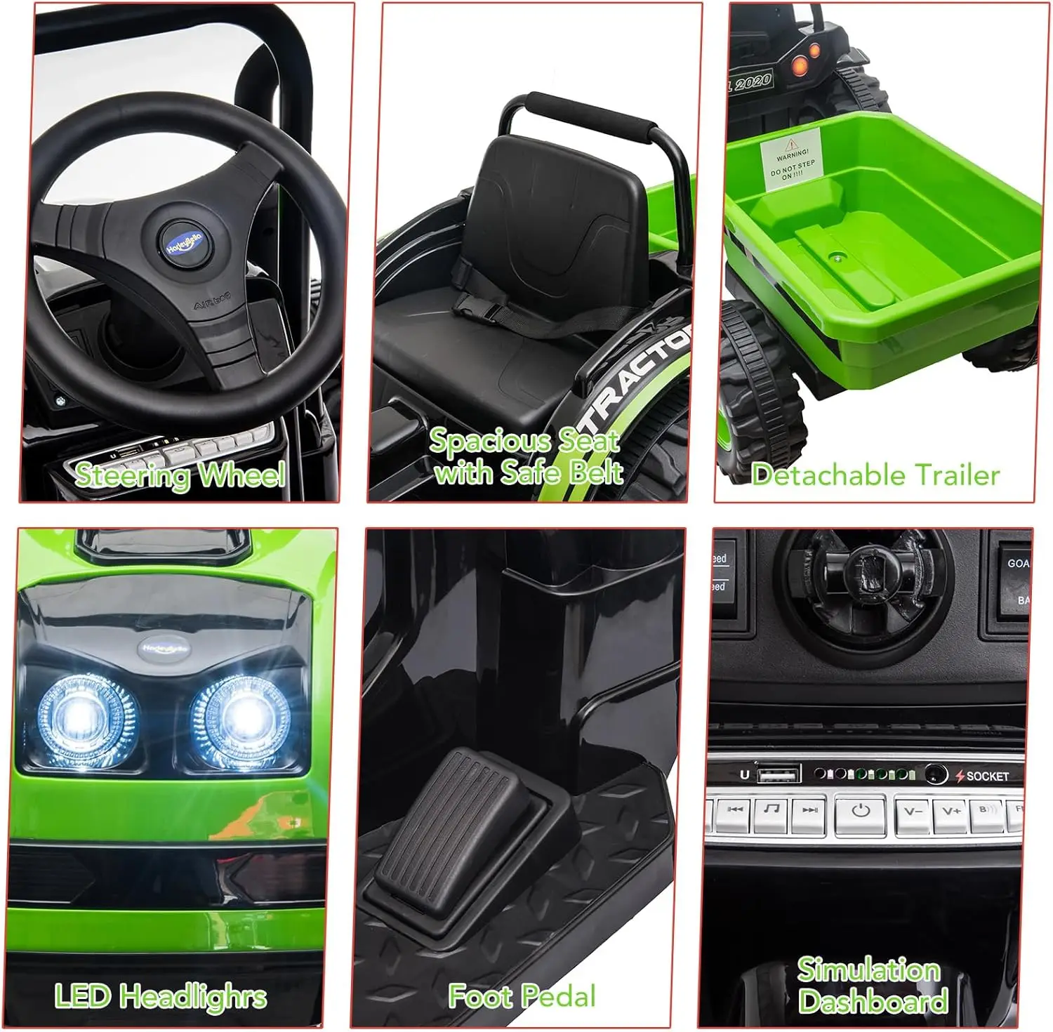 Samochód ciężarówka do jazdy dla chłopców i dziewcząt, traktor dla dzieci z podwójnym silnikiem 35W z odłączanym przyczepą, muzyką, światłami LED i pasami bezpieczeństwa.