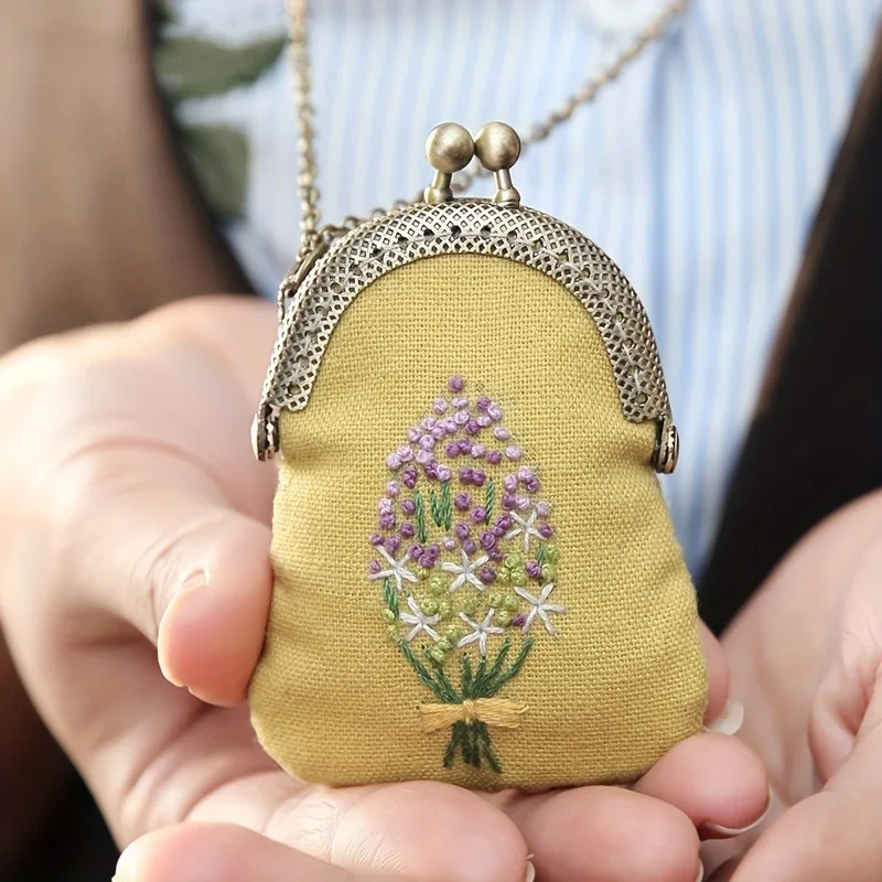 1 Set Mini DIY Embroidery Kit with Necklace&Keychain Needle&Instructions Not A Finished Wallet,You Need To Embroider It Yourself