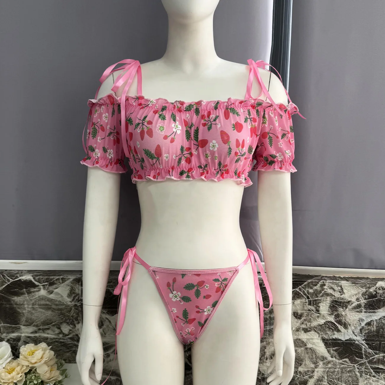 Ellolace عيد الحب ينغيرييس مثير الساخن لطيف الكرز المحاصيل الأعلى Hilitos 2 قطعة الأبرياء الوردي مغر الحميمة قبالة الكتف مجموعة #5
