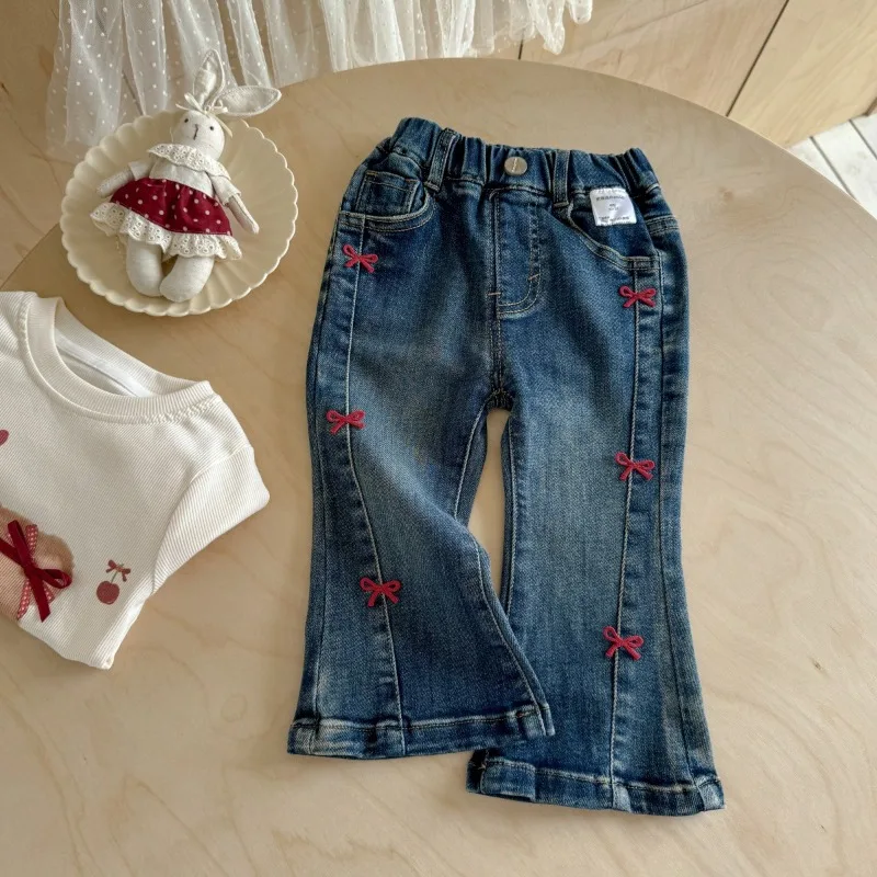 

Girls Jeans 2025 Autumn New Style Western-style Bow Korean Casual Childrens Denim Bell Bottom Pants Daily Wear