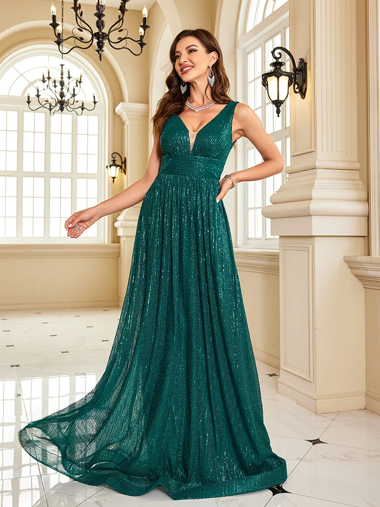 Lucyinlove-Robe de Soirée Formelle à Paillettes pour Femme, Robe de Cocktail Maxi, Col en V, Vert Fibre, ixde Mariage, Luxe, 2024