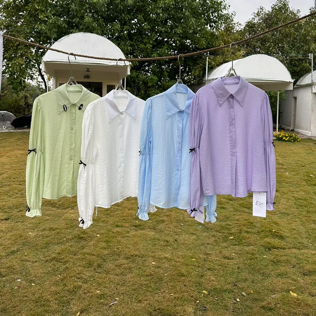 Temperamento doce doce cor puff manga camisa para primavera feminina novo design francês solto topo fino