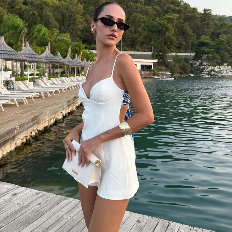 HXAO 여성 짧은 점프 슈트 민소매 슬립 Combishort 여성 여름 코르셋 휴가 화이트 Romper Bow Backless 섹시한 여성 Romper