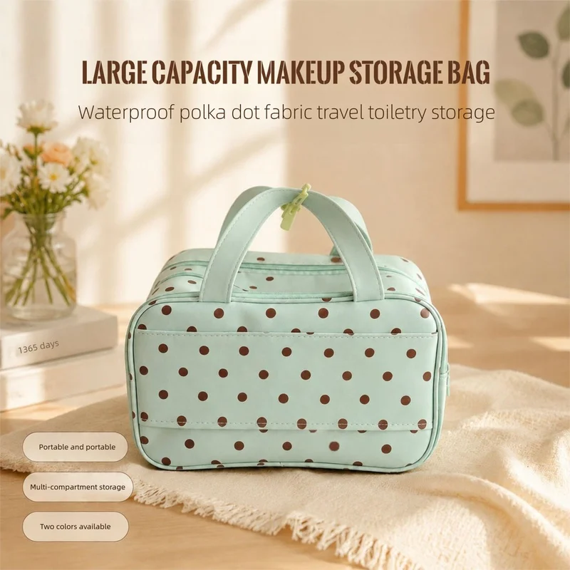 Weekeight Large Capacity Mint Green Polka Dot Makeup Bag 3 Layers Partitioned Waterproof Travel Toiletry Portable Cosmetic
