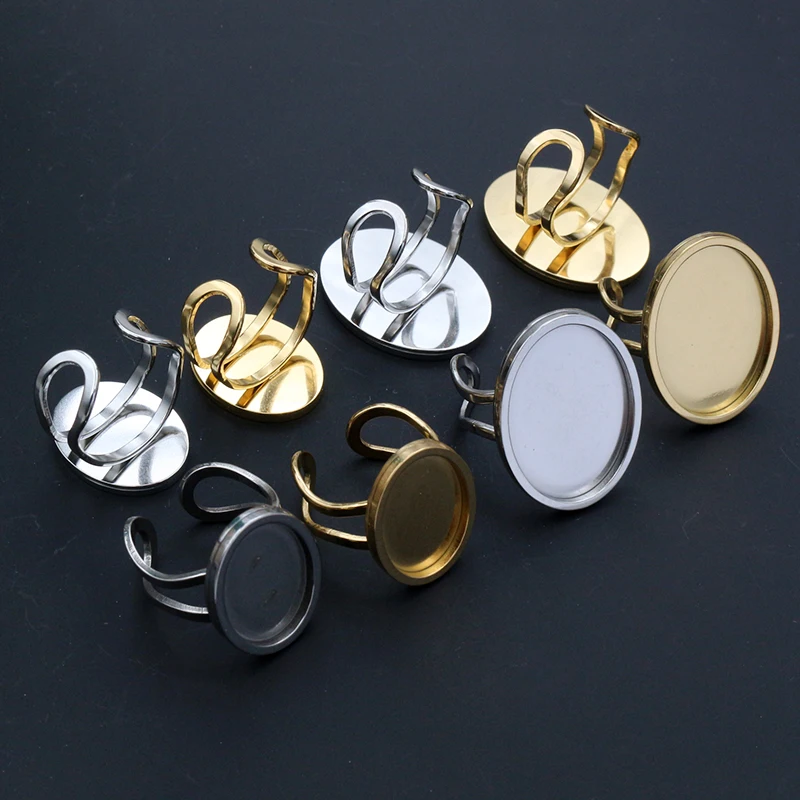 

5pcs 13x18mm 18x25mm Inner Size Oval Stainless Steel Adjustable Ring Settings Blank Base Fit Glass Cabochons Bezels
