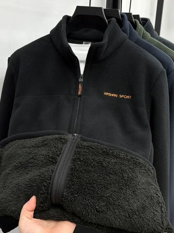 Men's Fleece-lined Open-fronted Sweater Thickened Warm Casual Outerwear Standard Fit Long Sleeve Zipper Closure  Color