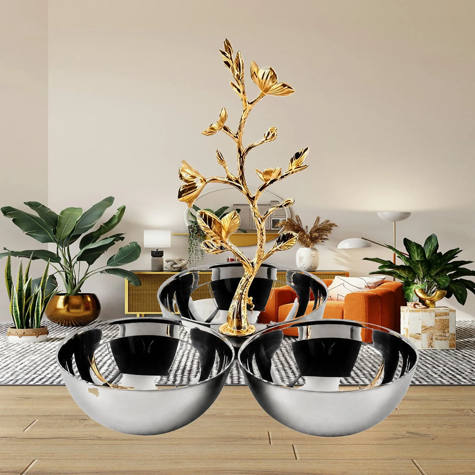 Stainless Steel Fruit Tray Industrial Plate Three Rounded Bowls Gold Tone Branch Centerpiece for Entertaining Kitchen Tabletop