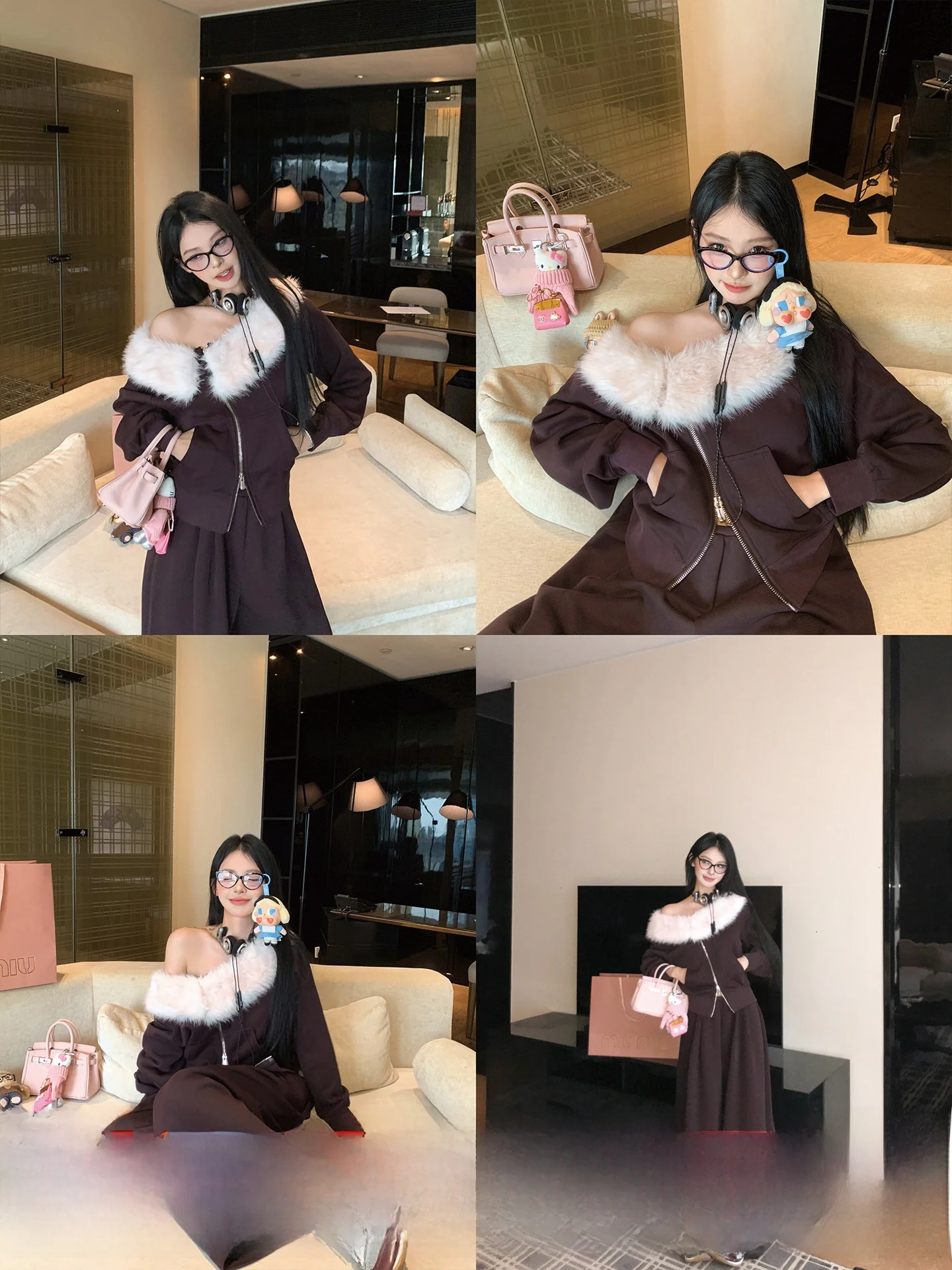 

Корейский комплект из двух предметов: свободная куртка с капюшоном и меховым воротником и широкие брюки для женщин, осенний повседневный наряд