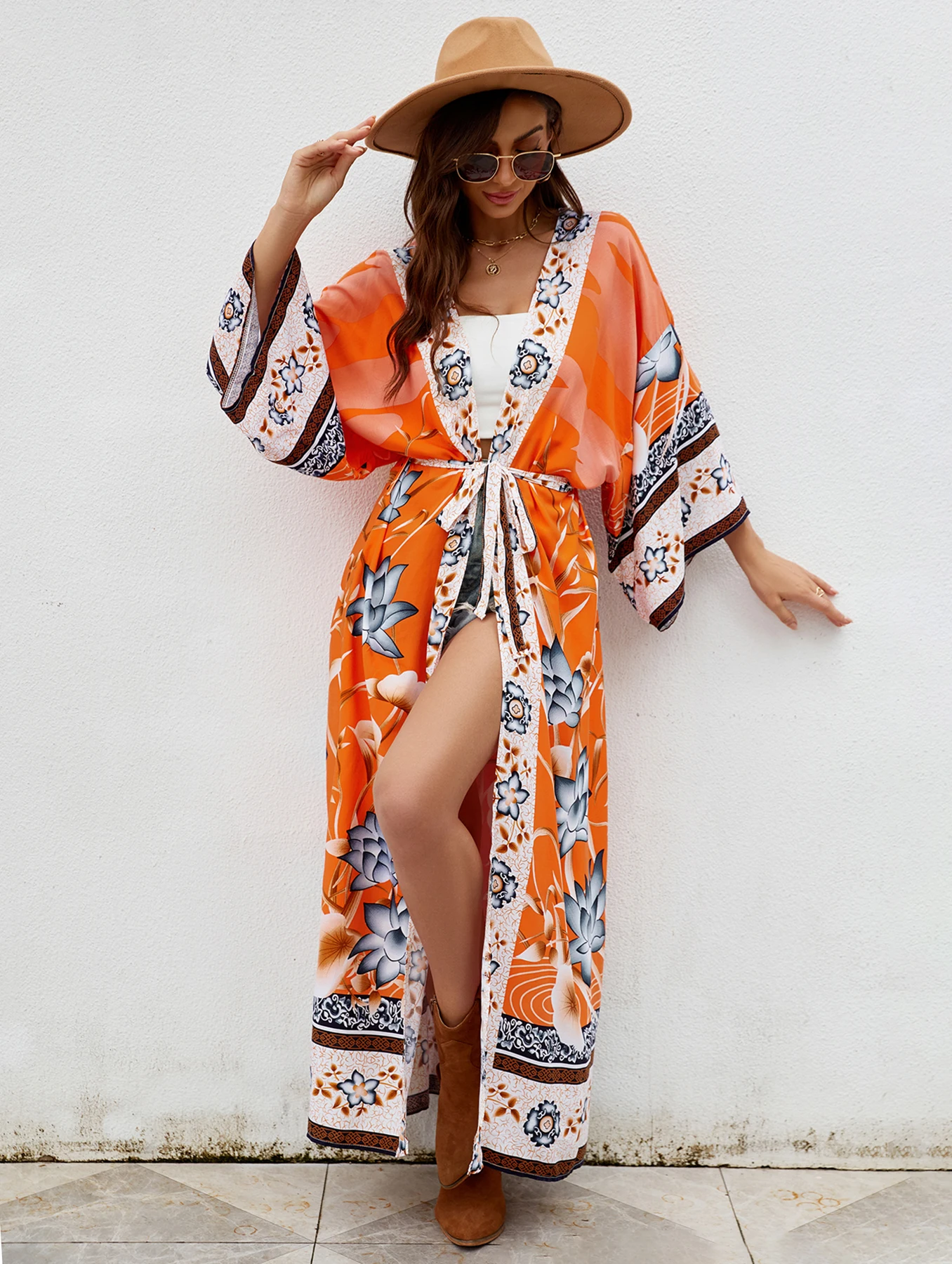 Women Beach Cover Ups Orange Crane Printed Kimono Swimsuit Cape Belted Wrap Dresses Summer Holiday Bathing Suit Dropshipping