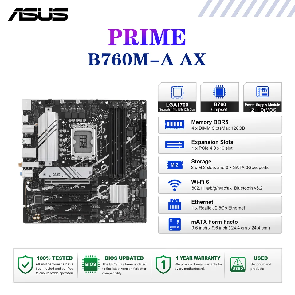ASUS PRIME B760M-A AX 마더보드 소켓 LGA1700 CPU DDR5 7200+(OC) 메모리 칩셋 B760 MATX 메인보드 썸네일 7