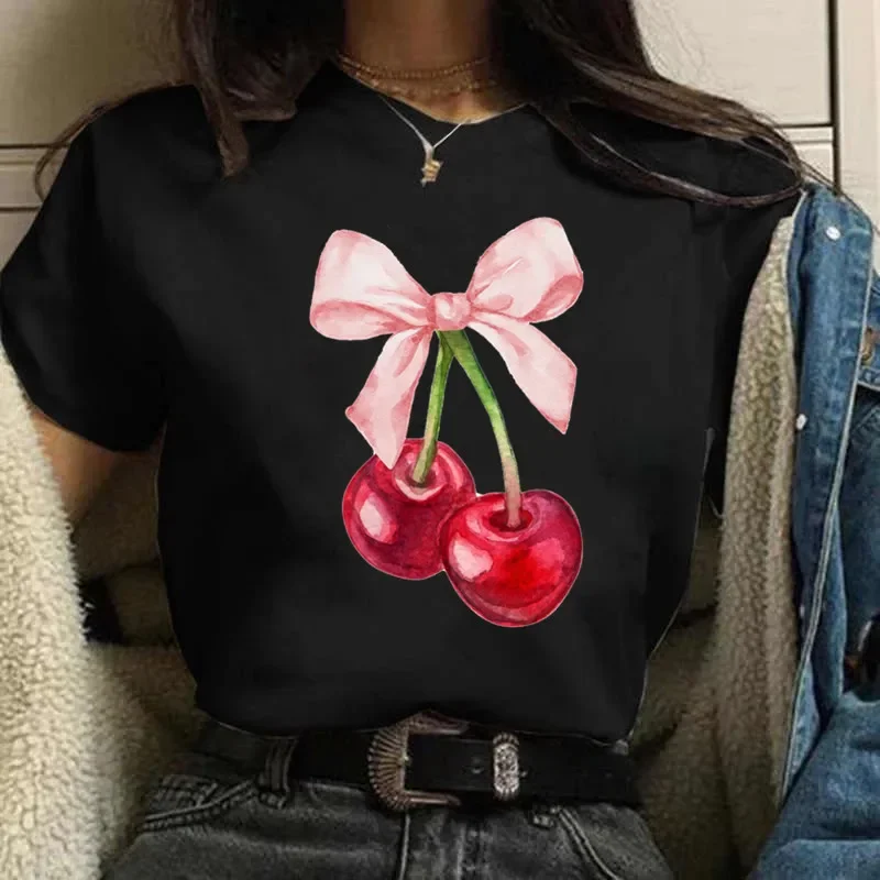 Women's Cherry Print T-Shirt Crew Neck Sleeve Casual Fabric Fruit Vegetable Summer Short Sleeved Harajuku Streetwear Tops Tees