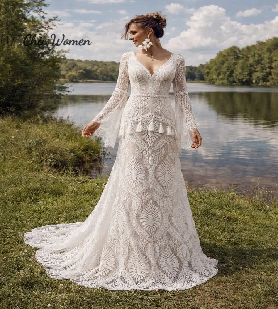 whimsical Crochet Lace Bohemain Wedding Dress WithFringe 2026 Rustic Belle Sleeve Deep V Back Boho Bridal Gowns Sweep Train