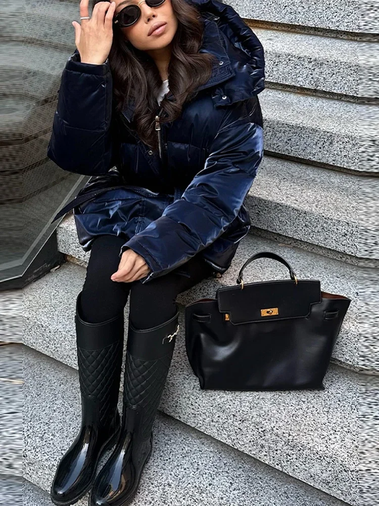 Shinny Hooded Cotton Padded Jacket For Women Loose Long Sleeve Lace Up Warm Coat 2025 New Lady Autumn Winter Party Outdoors