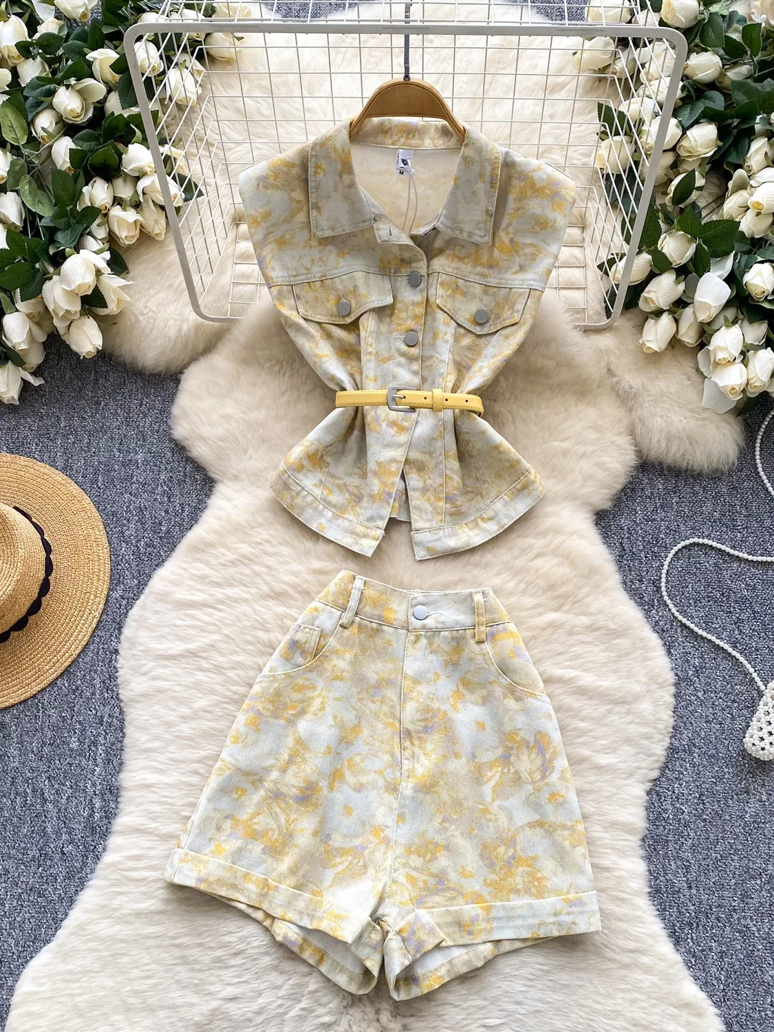 

Faionable Ретро Гонконг Sle Женский летний облегающий джинсовый топ с цветочным принтом и высокой талией, комплект из двух предметов