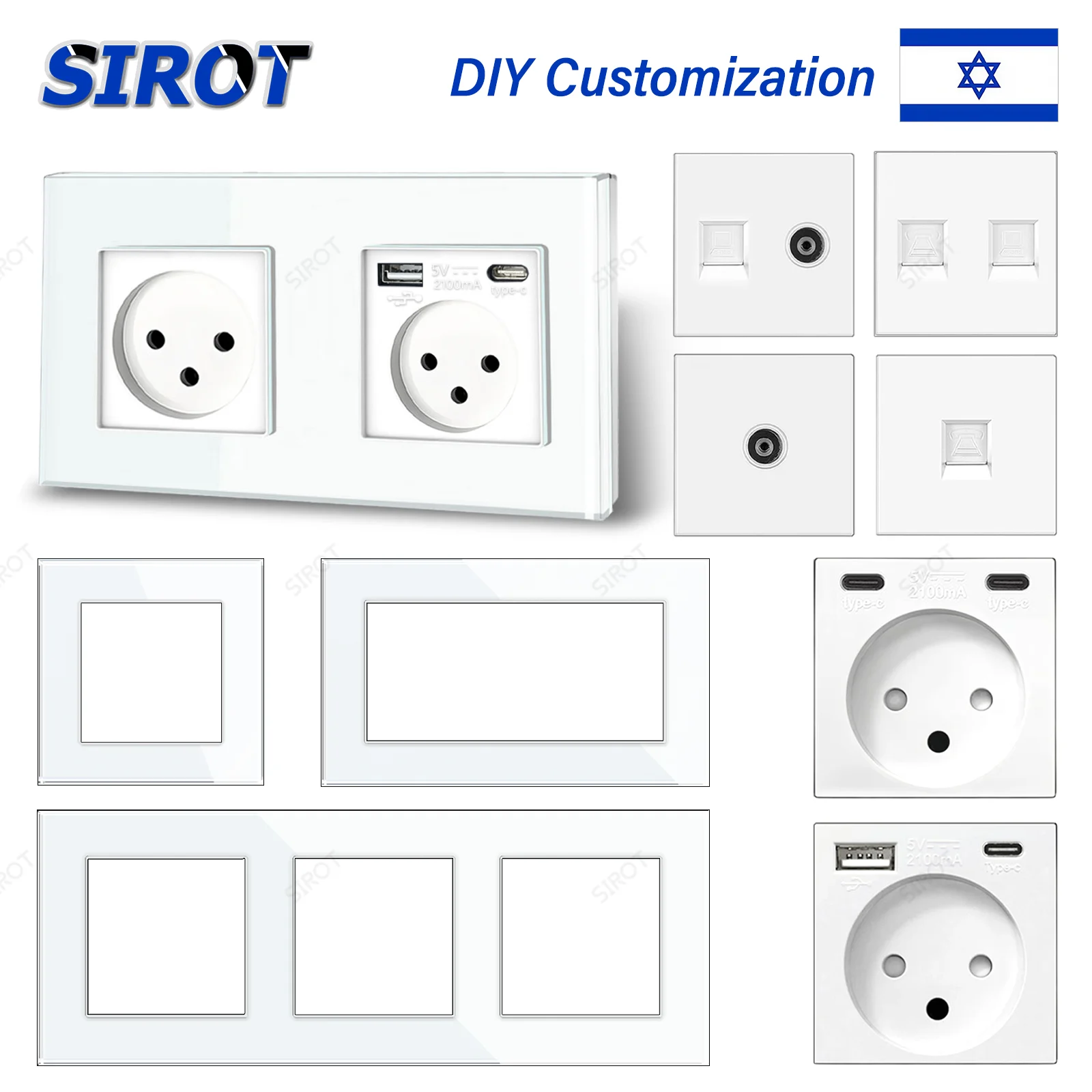 SIROT Israeli Standard Socket, White Glass Frames 20W Fast Type-C USB Plug Touch Light Switch TV Function Parts Free Combination