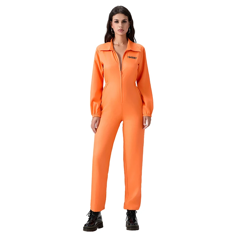 Women s Halloween Convict Costume Striped Prisoner Jumpsuit with Number Print Long Sleeve Lapel Front Zipper Overalls Jail