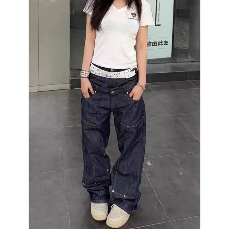 ZHIZOU Vrouwen Donkerblauw Gothic Baggy Y2k Jeans Amerikaanse jaren 2000 Stijl Jean Broek Vintage Harajuku Oversize Denim Broek Herfst
