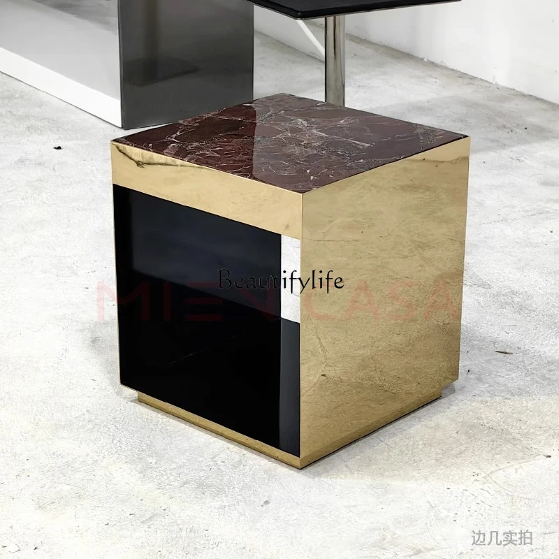 Table de luxe légère en marbre et acier inoxydable, table basse carrée pour salon, couleur acier titane noir