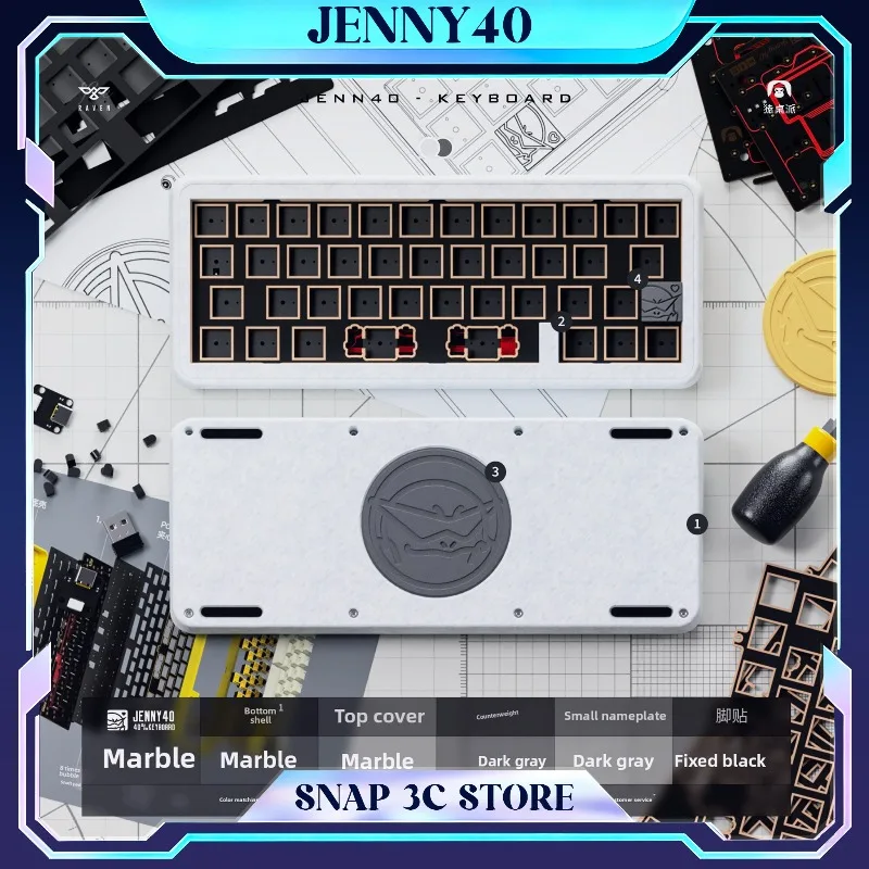 Jenny40 40% Mechanical Keyboard Kit 3D Printed Gasket Mount Tri-mode Wireless Bluetooth 2.4G Per-key Flex-cut Custom Barebone