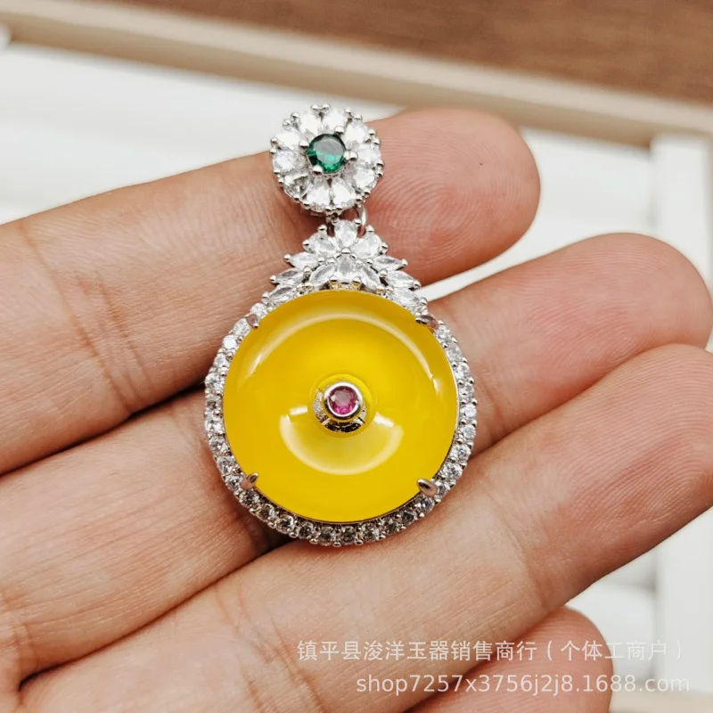 High-quality natural jade pendant with silver plating luxurious peace buckle design, featuring pink agate jadeite orname