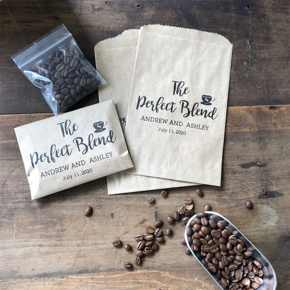 Coffee Favor Bags that say The Perfect Blend and are personalized for the bride and groom and sold in sets of 50