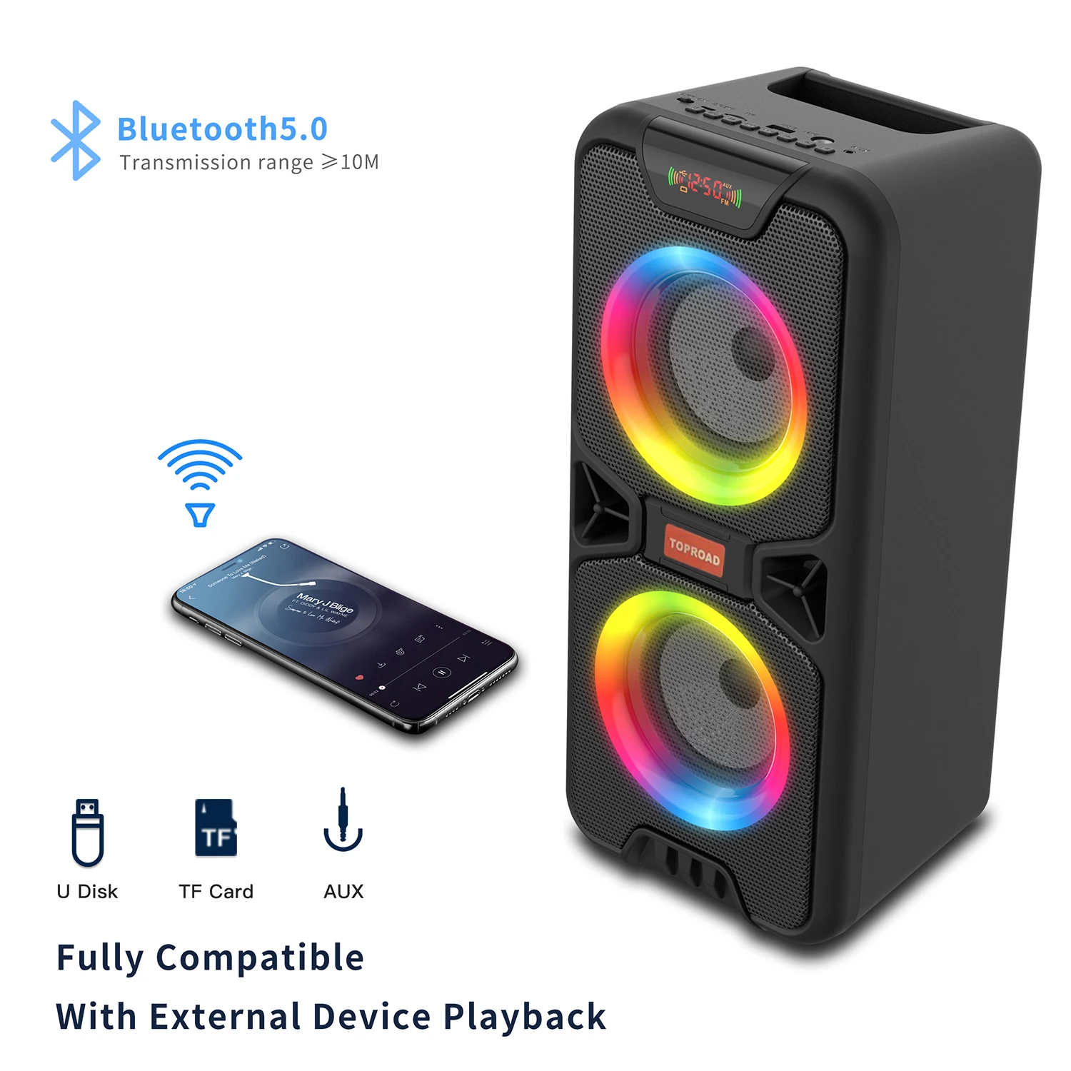 TOPROAD Altavoz Bluetooth 20W gran potencia portátil inalámbrico al aire libre estéreo bajo Boombox columna soporte FM Radio RGB luces LED