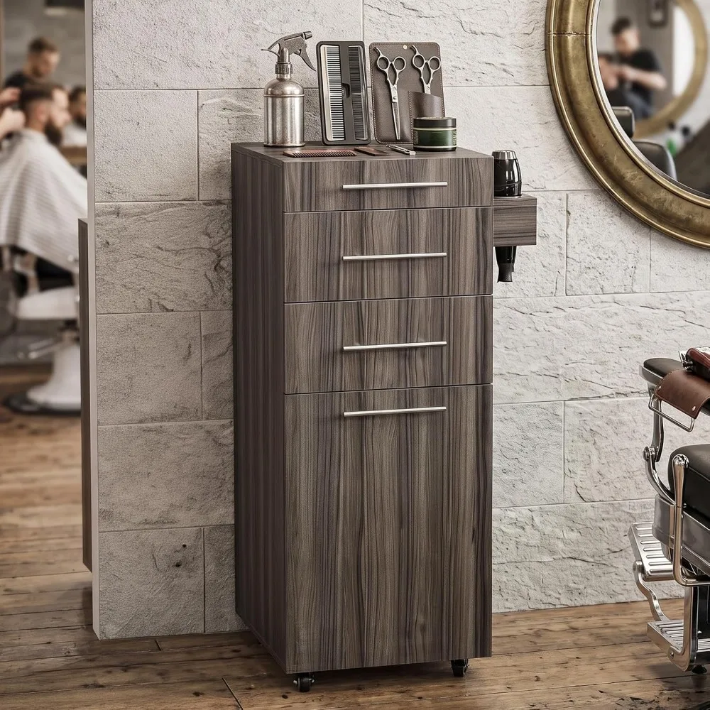 3-Tier Rolling Salon Cart, Hair Styling Station with 2 Drawers & Adjustable Shelf, Dark Walnut
