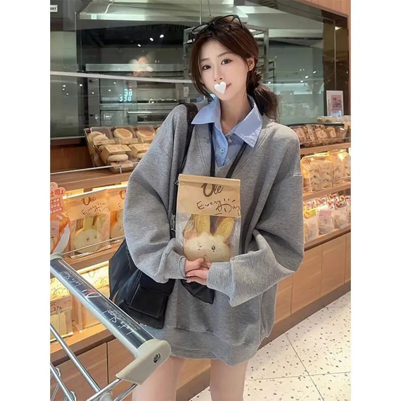 

False Two-Piece Women's Shirt Hoodie Girl Knitwear Early Autumn Lazy Style Long Sleeved Composite Jacket Fashion Outerwears