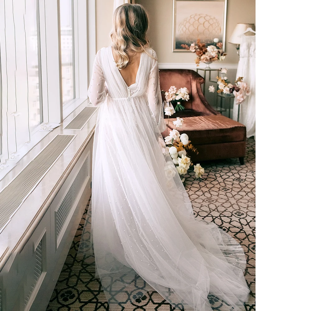 Dài Tay Phồng Cổ V Cưới Dresse Hở Lưng Ngọc Trai Một Dòng Hở Lưng Trong Suốt Váy Plus Kích Thước Cô Dâu Đồ Bầu Tự Làm