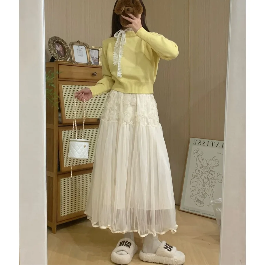 

Шикарный драпированный свитер с кружевным галстуком, топ и юбка Me, комплект из двух предметов, женский антивозрастной комплект Sweet Sle Long Sve Winter Faion