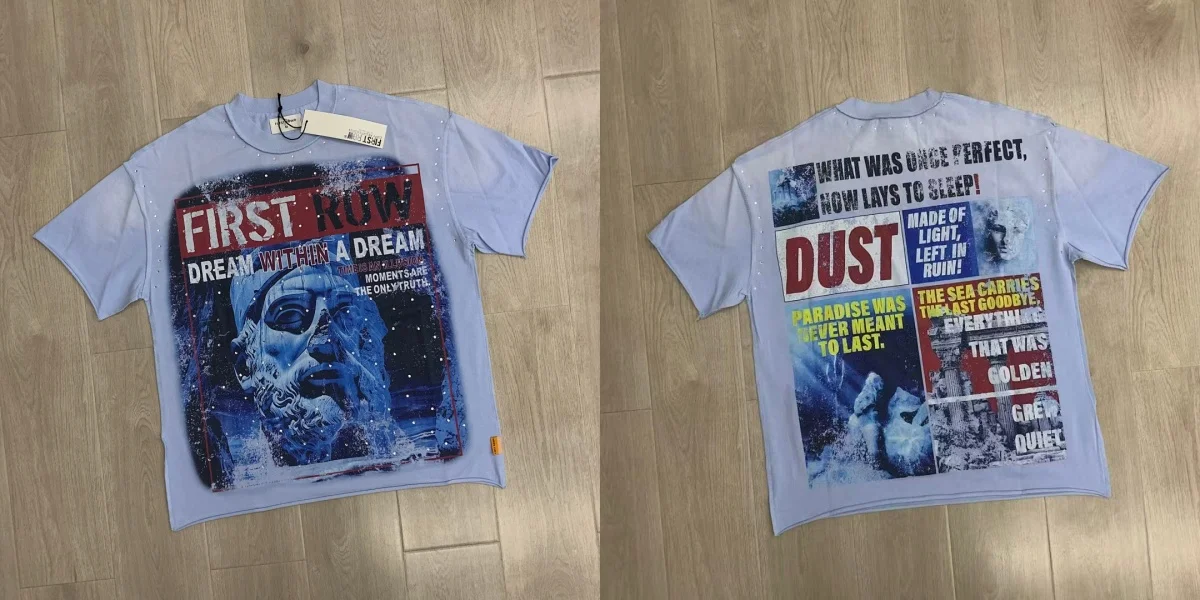 Oversized Purple Tie Dye Rhinestone Tee Men FIRST ROW Newspaper Print T-shirt Retro Y2K Streetwear Loose Crew Neck Casual Shirts