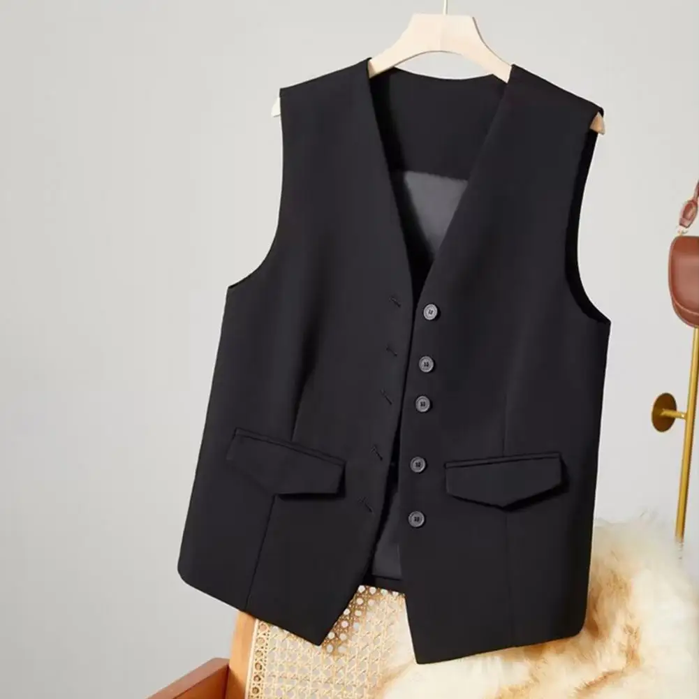 Business Wear Waistcoat Elegant Women's V Neck Business Vest Sleeveless Solid Color Waistcoat Single-breasted Commute Style