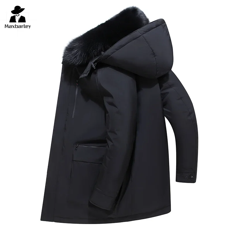 

Winter Down Jacket Men's Business Casual Detachable Liner Fur Collar Hooded White Duck Down Warm Coat Brand Clothes Long Parka