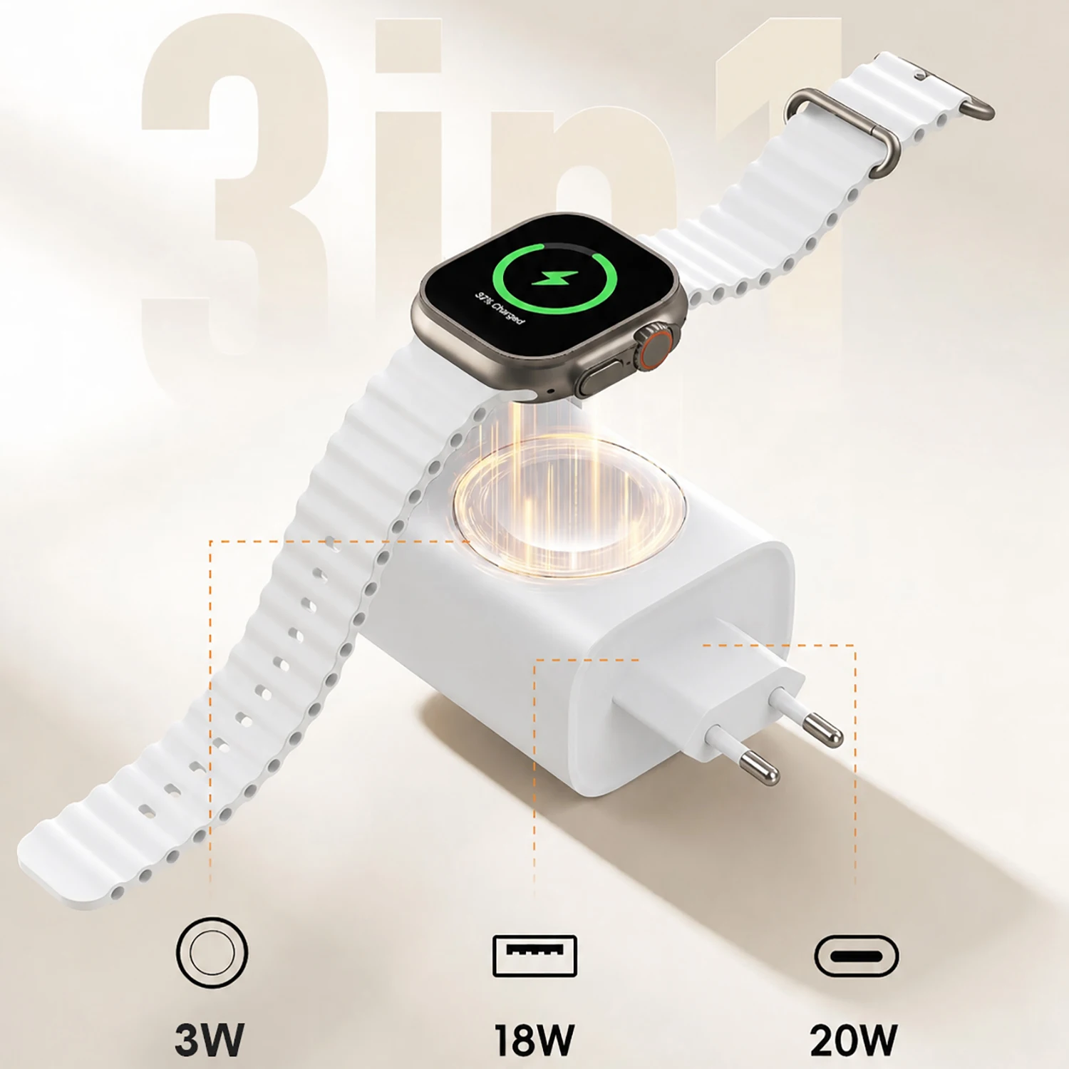 23W 3-in-1 For Apple Watch Charger Compatible Fast Charging Block 2 Ports PD USB-C Wall Charger Block with Apple Watch and iPhon