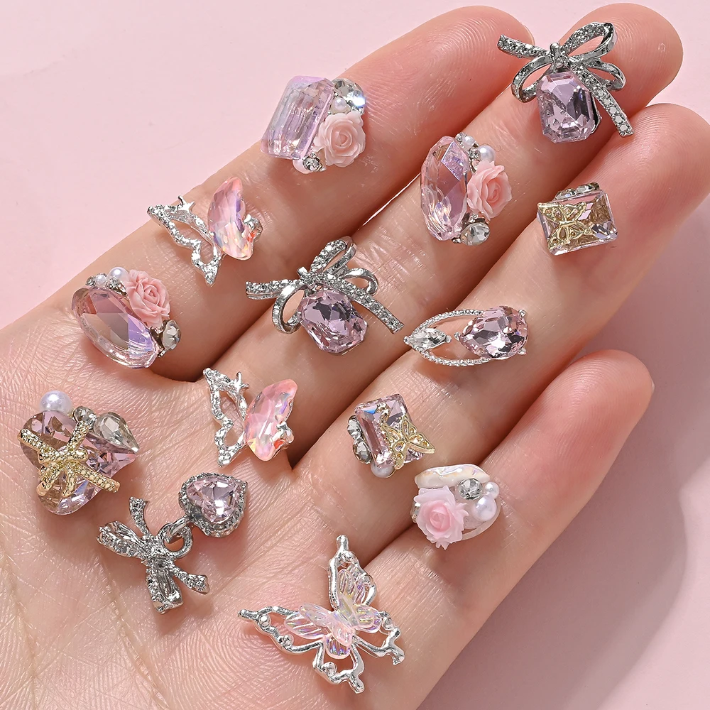 20/22Pcs 3D Luxury Alloyเล็บCharms 10 รูปร่างผีเสื้อ/หัวใจ/โบว์/ดอกไม้Y2Kตกแต่งเล็บDIYเล็บRhinestonesอุปกรณ์เสริม