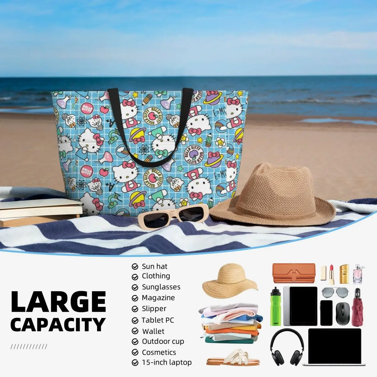 Bolso de playa de Hello Kitty con personaje de dibujos animados para mujer, bolso de mano impermeable, bolso KuromiPool con cremallera para gimnasio, comestibles, viajes