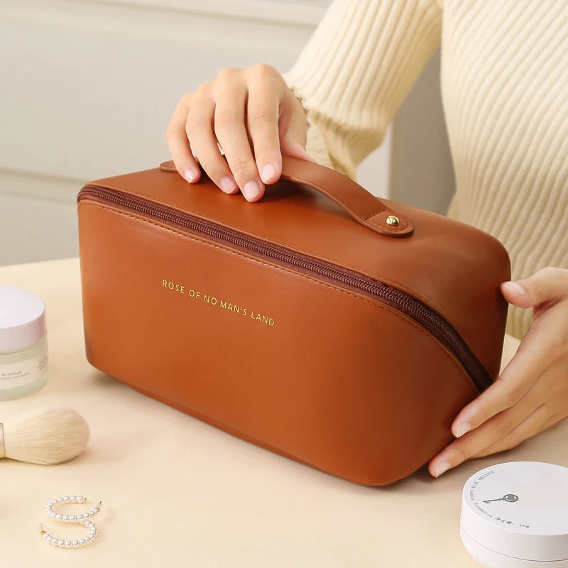 Borsa per cosmetici con cuscino in PU per donna, grande capacità, comoda borsa da viaggio, organizer per cosmetici e toilette