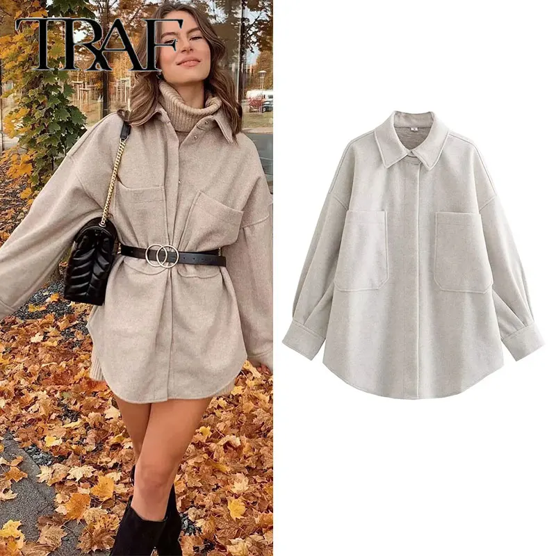

TRAF Women Soft Coat Autumn Fashion Turn Down Collar Pocket Long Jacket With Button Pocket Decoration Causal Female Jacket ﻿