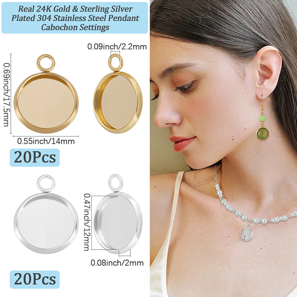 1 Box 40Pcs Blank Bezel Charms 24K Gold Sterling Silver Plated 304 Stainless Steel Round 12mm Pendant Cabochon Settings