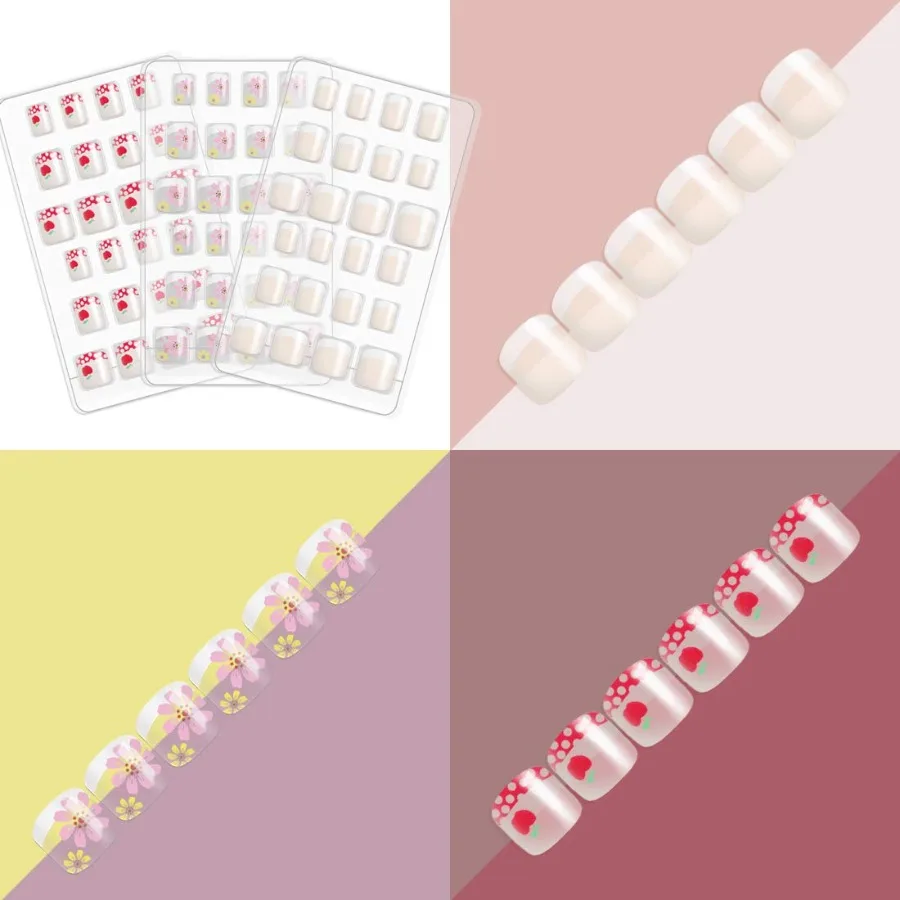 120pcs 5 Pack French Nails Press on Preglue Full Cover Short French False Nail Kits for ' Nail Art Decoration with Flower Desig