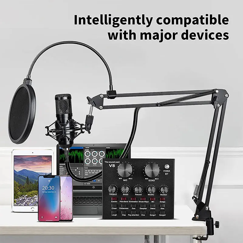 Podcast Equipment Bundle BM-800 Recording Studio Package with Voice Changer Live Sound Card-Audio Interface for Laptop Computer