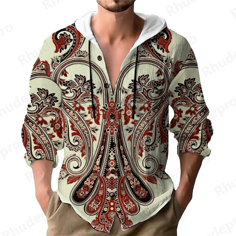 

Мужская повседневная хлопково-льняная рубашка с капюшоном в национальном стиле 2025 года, дышащая свободная посадка, осенняя одежда на четыре сезона